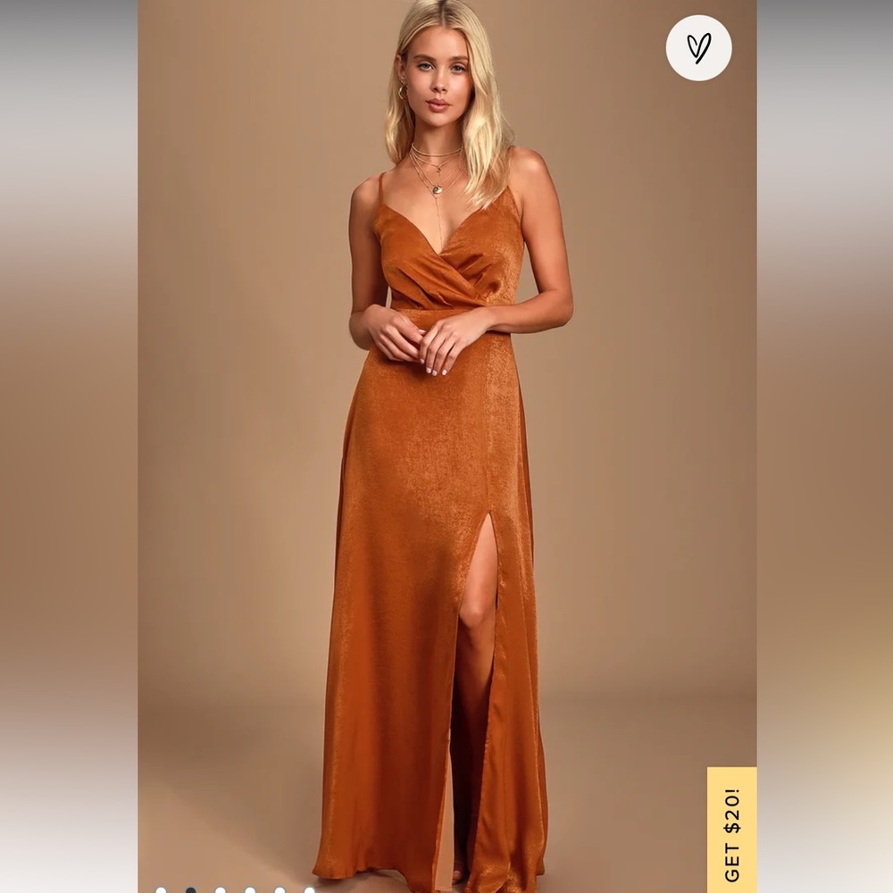 Lulu’s Medium Constantine Rust Orange Satin Maxi Dress